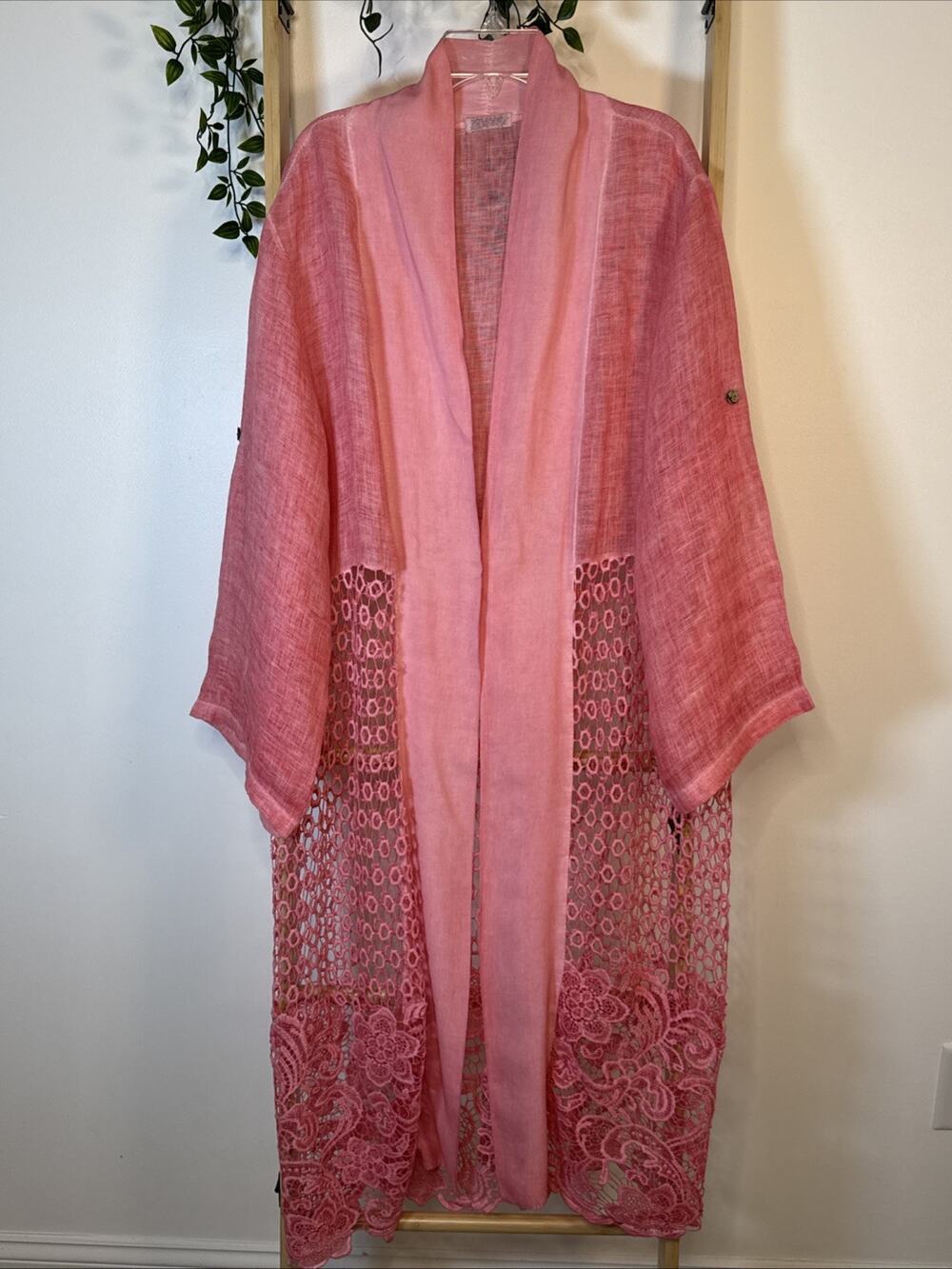 Made In Italy Linen Lace Pink Maxi Cover Dress XL Long Sleeve Boho Chic Coquette